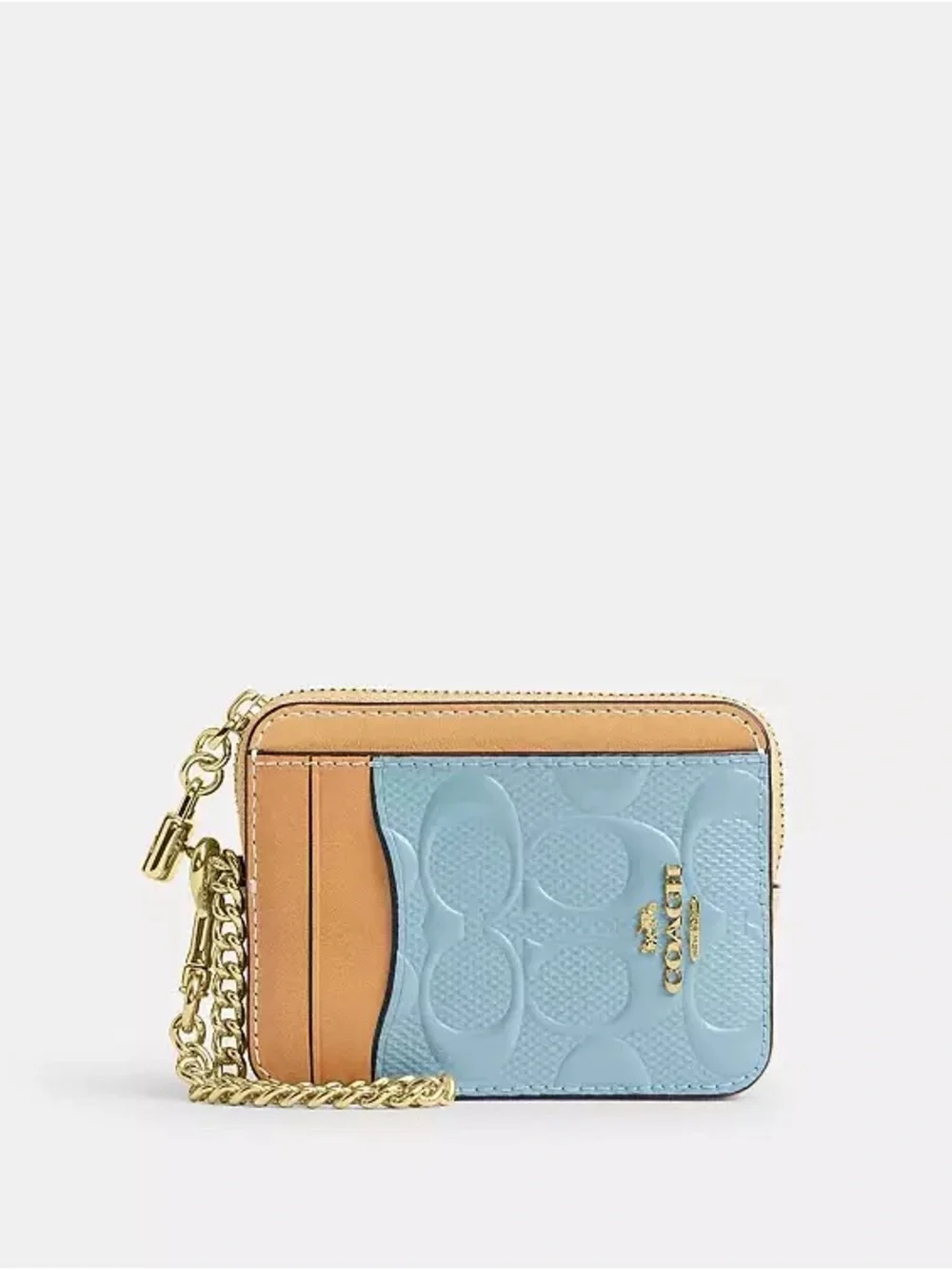 New COACH Zip Card Case Light Blue & Tan Signature Wallet with Gold Chain